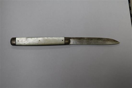 A silver bracelet, silver napkin ring, fruit knife and other items.